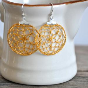 Small Delicate Crochet Lace Earrings In Yellow..