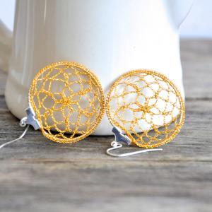 Small Delicate Crochet Lace Earrings In Yellow..